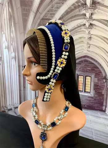 Tudor Women Red/Blue Headdress Queen Anne Boleyn Cosplay Hat Elizabethan Renaissance Tudor Cap Crown