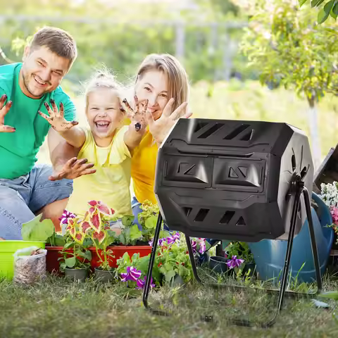 Garden Compost Bin Dual Tumbler Rotating Outdoor Composter with Sliding Doors