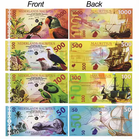 Nederlands Mauritius Banknotes Set 50 100 500 1000 Gulden Colonial Ship Animal Paper Money Collectio