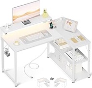 MOTPK L Shaped Desk with Power Outlet, Small Gaming Desk with LED Lights, Computer Desk 43inch with Monitor Stand, Home Office Desk, White