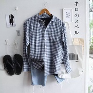 uniqlo shirt linen premium เสื้อเชิ้ตยูนิโคล่ ผ้าลินิน ของผู้ชาย ลายสีฟ้าน้ำเงินขาว ของญี่ปุ่น