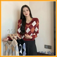 AJW [XCX] Atasan Wanita Rajut Crop Knit | Atasan Wanita Kerah Polo V Neck Ketupat Lengan Panjang | S