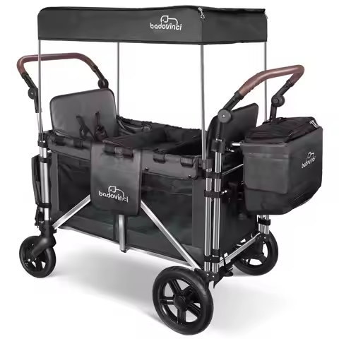 Wagon for 2 Kids, Foldable PushPull Rod Wagon Featuring 2 High Seats with 5Point Harnesses and Adjus