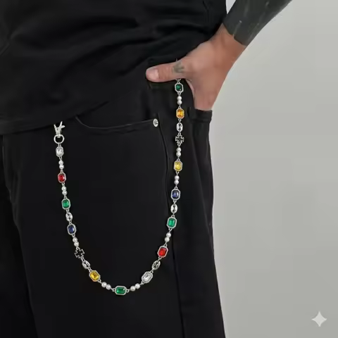 Men’s Colorful Gemstone Pearl Wallet Chain Pants Chain Baroque Rock Punk Jean Chain Jewelry Him