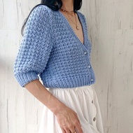 華夫格紋毛衣外套 短袖鈕釦開襟毛衣 女款短版針織外套