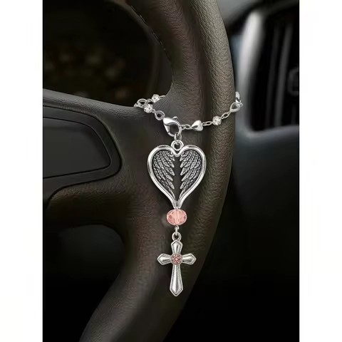 Guardian Heart Wing Cross Charm - Car/Steering Wheel/Handbag Pendant Silver Tone With Pink Crystal E