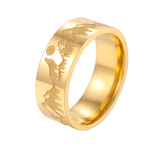 Kinitial 2022 New Simple Carved Howling Wolf Moon Forest Mountain View Ring Exquisite Stainless Stee