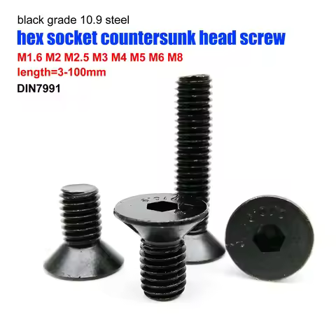 5/10/50pcs M1.6 M2 M2.5 M3 M4 M5 M6 M8 Black Grade 10.9 Steel Hexagon Hex Socket Head Flat Countersu