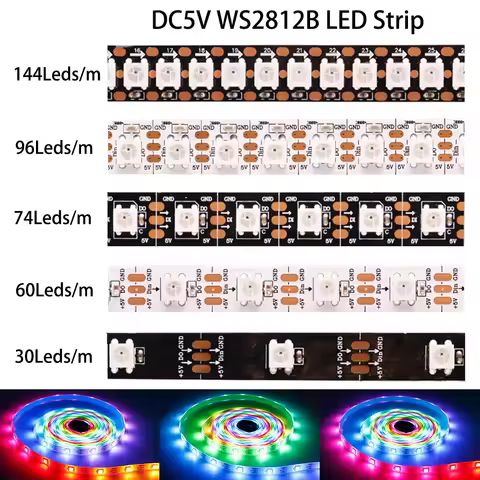 DC5V WS2812B Led Strip light 1-5M 30/60/74/96/144leds/m Individually Addressable 5050 RGB WS2812 Pix