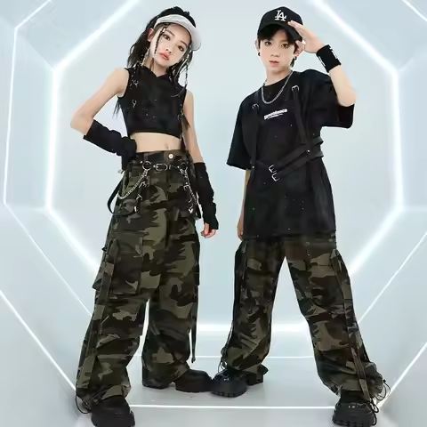 Jazz Dance Clothes Girls Kpop Costume Black Leather Sleeves Tops Hip Hop Performance Outfits Kids Co