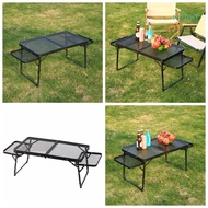 DELMER Outdoor Collapsible Garden Desk, Adjustable Height Foldable Metal Mesh Grill Table, Wing Panels Aluminum Sturdy Portable Picnic Folding Camping Table Beach BBQ