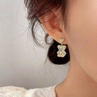Sparkling Heart Stud Iridescent Teddy Bear Drop Earrings