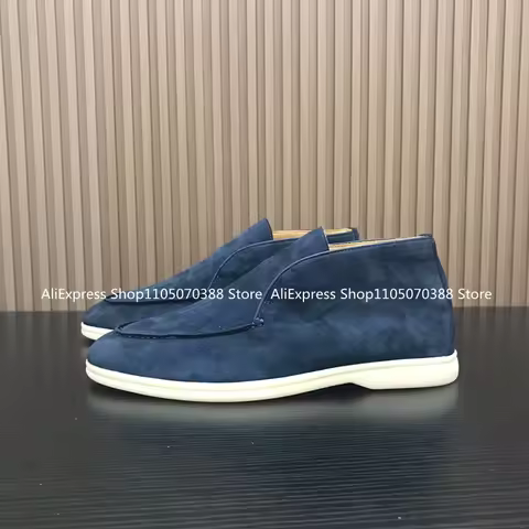 Unisex All Genuine Leather Deep Blue Men's Casual Shoes Flat Bottomed Walking Sheepskin Suede Loafer