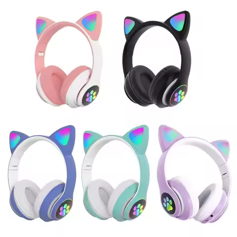 Flash Light Cute Cat Ears Wireless Headphone with Mic RGB LED Kid Girl Stereo Music Helmet Phone Blu