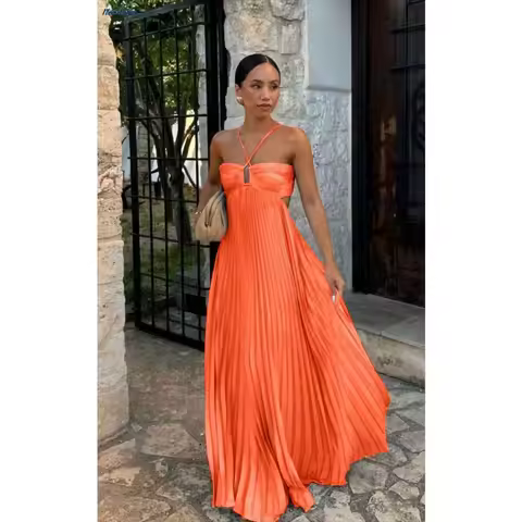 【Spot goods】Women's Spaghetti Straps Maxi Dress Flowy Pleated Swing Beach Long Dress Low Backless Su