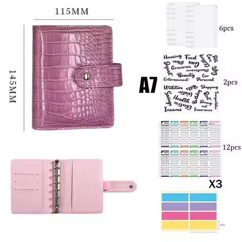 A7 Crocodile Pattern Leather Budget Binder Notebook Cash Envelopes System Set Binder Pockets Money B