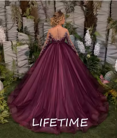 Burgundy Tulle Velvet Flower Girl Dresses Long Sleeve Princess Girl Wedding Party Gown First Communi