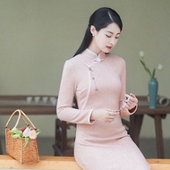 新中式 改良旗袍秋冬中國風粉色氣質針織毛衣禪茶服連衣裙洋裝