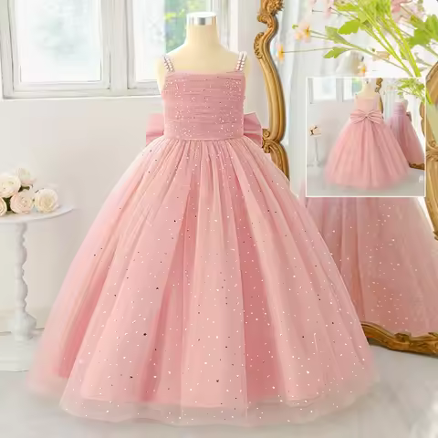 Girls Sequins Pink Long Dress Children Bead Suspender Princess Dress Flower Girl Fluffy Dress Girl H