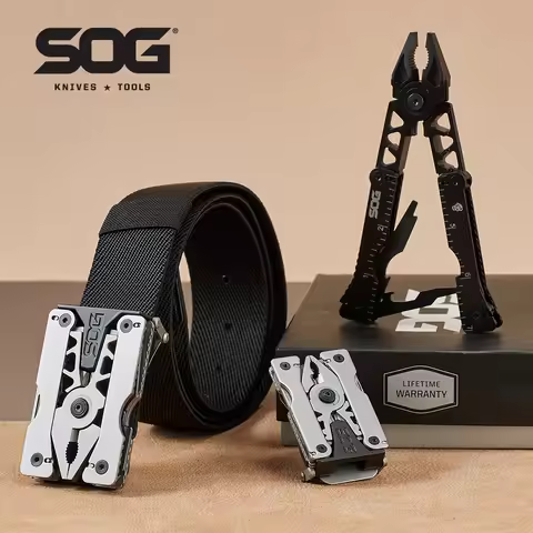 SOG Sync I & II Multitool Belt Buckle EDC Mini Multi Tool Gadgets for Men, Folding Pliers, Knife and