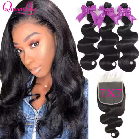 Brazilian Body Wave With 7*7 Closure Queenlike 7x7 Closure And Bundles Remy Hair Weft 3 Human Hair B