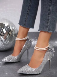 銀色女高跟鞋尖頭鞋跟新娘鞋,閃亮的蝴蝶鑽石裝飾和主麻布材質,適用於2024年春/秋季