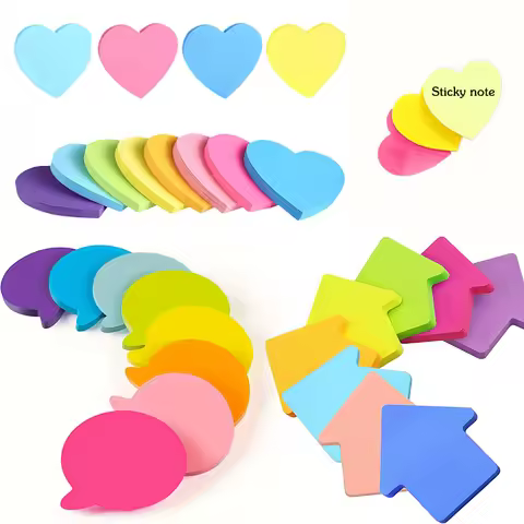 Set of 8 Brightly Colored Self-Adhesive Sticky Notes Featuring Bubbles, Arrows, and Hearts—Perfect f