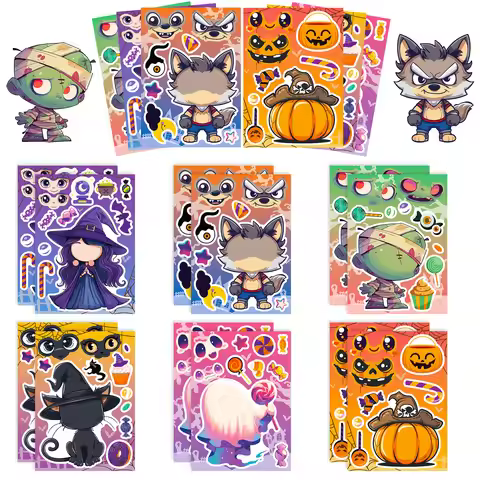 6Sheets Halloween DIY Puzzle Sticker Games 6 Pumpkin Ghost Mummy Witch Make A Face Funny Assemble Ji