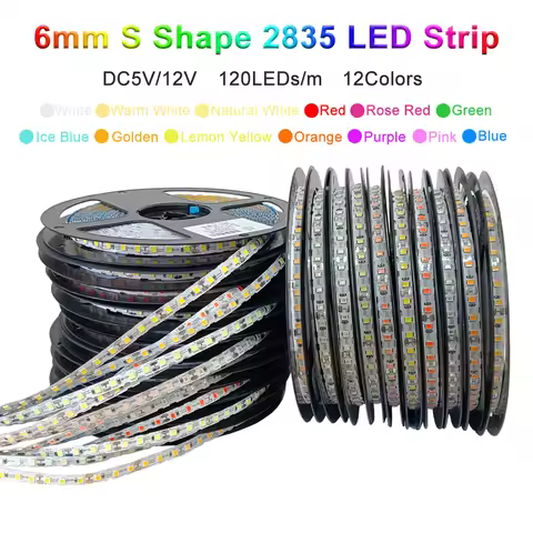 DC5V 12V S Shape 2835 SMD LED Strip 6mm Width Bendable 120LED/m Flexible Foldable Light For DIY Neon
