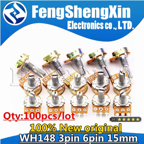 100pcs WH148 3pin 6pin 15mm B1K B2K B5K B10K B20K B50K B100K B250K B500K B1M Potentiometer1K 2K 5K 1