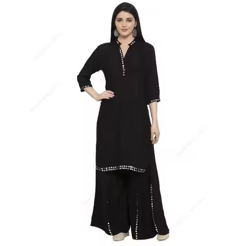 Indian Dress Women's Black Mirror Work Kurta Sharara Set Elegant Ethnic Suit for Party Festive Wear 