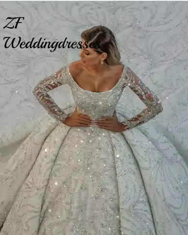 customize Luxury Crystals Beading Wedding Dresses Arabic Dubai Glitter Sequined Ball Gown Bridal Gow