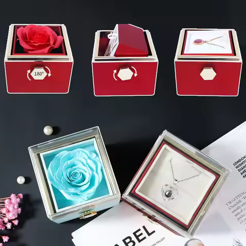 Rotating Rose Gift Box Acrylic Ring Necklace Flower Jewelry Box For Girlfriend Mother 2023 Hot Sale