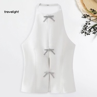 Travelight| Women Slim Fit Vest Halter Neck Tank Top Sexy Halter Neck Sleeveless Tank Top with Bowknot Detail Stylish Crop Top for Work Party Slim Fit Women's Vest Top in Solid