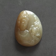 且木料和田玉觀音吊墜 | 半身觀音玉墜玉器