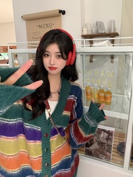 Colorful Rainbow Striped Cardigan Lazy Niche Sweater Jacket Fantastic Gentle Autumn Loose Knit Top