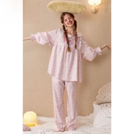 ชุดนอนผู้หญิง GUKOO คอตตอน แขนยาว กระโปรงยาว ชุดนอนสบายๆ สำหรับฤดูใบไม้ผลิและฤดูใบไม้ร่วง