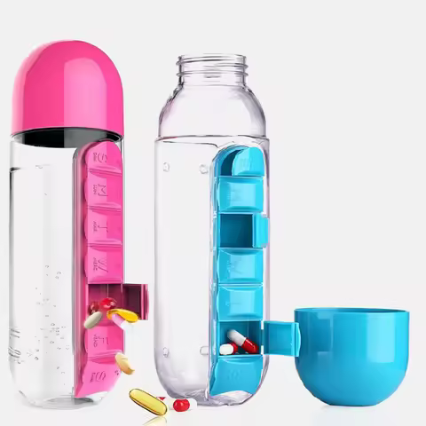2 in 1 600ml 7 Grids Medicine Box Water Cup Sports Plastic Water Bottle Combine Daily Pill Boxes Org