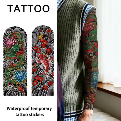 Asian Vintage Full Sleeve Temporary Tattoo Sticker, Long-lasting and Waterproof, Realistic Fake Tatt