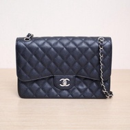 CHANEL(香奈兒) CF 口蓋包 JUMBO 30cm 黑色 荔枝 20開 銀扣