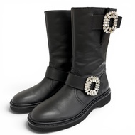 全新 △ROGER VIVIER 皮革機車靴/踝靴/短靴，水晶搭扣，黑色，36.5碼，義大利製造，女款