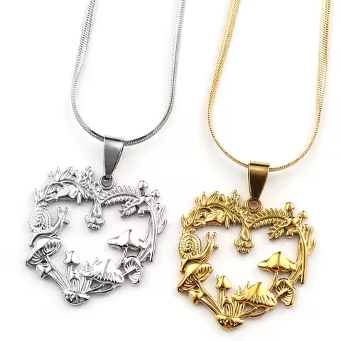 Chain Hollow Heart Shaped Forest Mushroom Snail Pendant Necklaces for Women Stainless Steel Gold Col