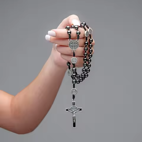 Catholic Rosary Necklace Black Hematite Bead Saint Benedict Medal Jesus Cross Necklace