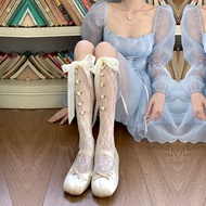 Lolita trắng giữa cung vớ mỏng mùa hè phần rỗng ren Satin Dây đeo vớ JK đống vớ ống hoa