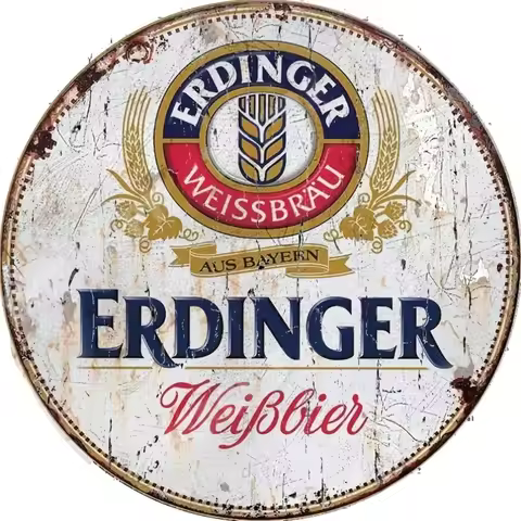 2D Flat Vintage Erdinger Weissbrau German Beer Round Wooden Sign, Retro Bavarian Brewery Aesthetic W