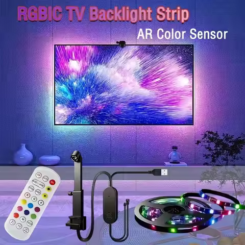 TV LED Backlight with AR Sensors Camera, 3.8M/5M RGBIC PC Backlight Strip Sync to 55-75 Inch TVs, 99