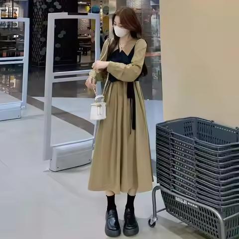 Plus Size Elegant Hepburn Style Tea Color Block Dress Slimming Waist Design French Autumn Fashion Fa