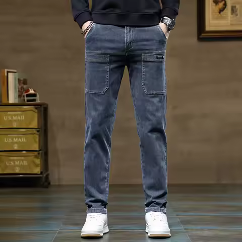 Versatile Six-Pocket Design Jeans Men's Loose Straight Leg Pants Stretchy Comfortable for Outdoor Hi