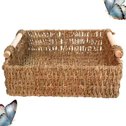 Wooden Handle Storage Basket Premium Straw Desktop Organizer For Sundries Cosmetics Keys Home Decor