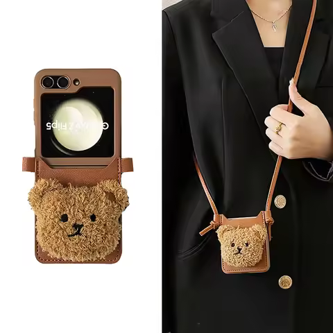 Korean Luxury Kawaii Cartoon Crossbody Lanyard Bear Card Holder Case For Samsung Galaxy Z Flip5 4 3 